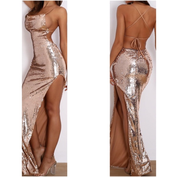 Luxe Champagne Criss Cross Tie Sequin Party Evening Wedding Dress - Picture 2 of 2